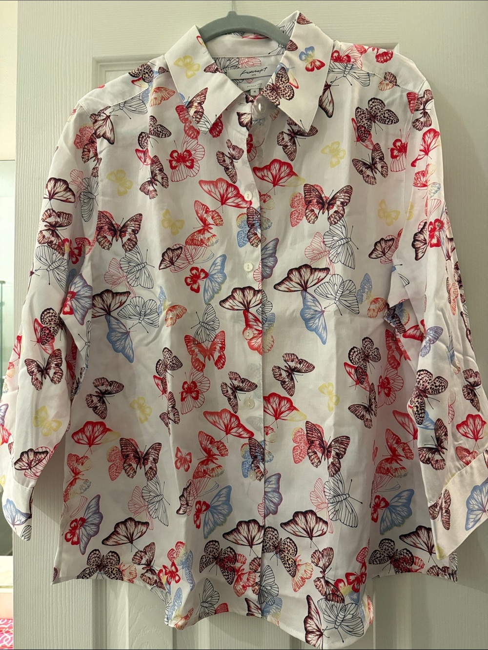 Foxcroft White Blouse with Multi-Colored Butterfly Print